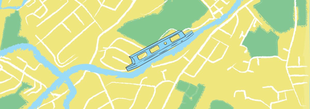 Illustration of the All Aboard canal boat moving down a map of the Union Canal