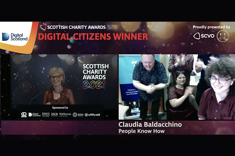 A screenshot of the moment when People Know How were awarded the Digital Citizens Scottish Charity Award