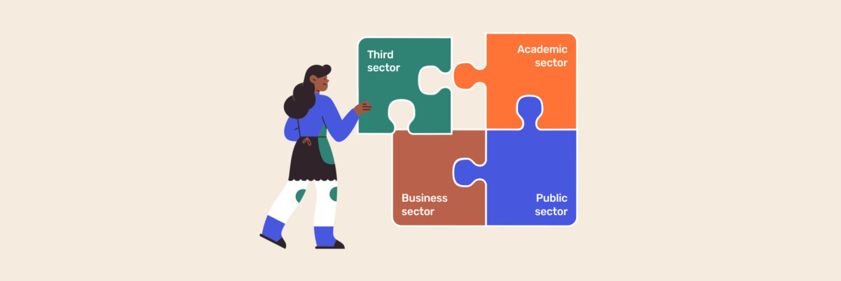 An illustration of someone putting together a puzzle with four pieces: third sector, academic sector, business sector and public sector www.claudiabaldacchino.com
