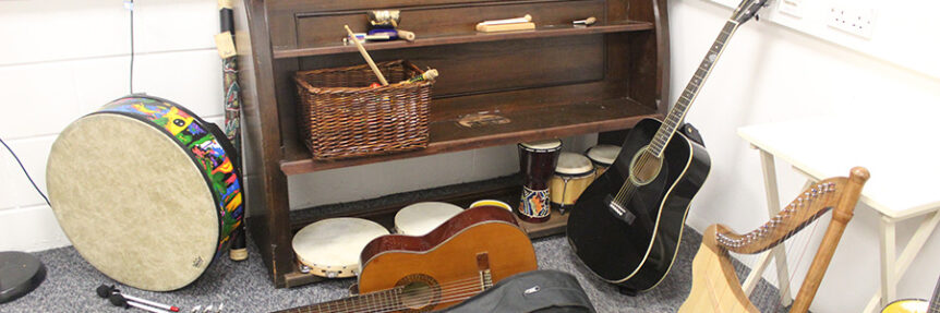 A selection of musical instruments for music therapy