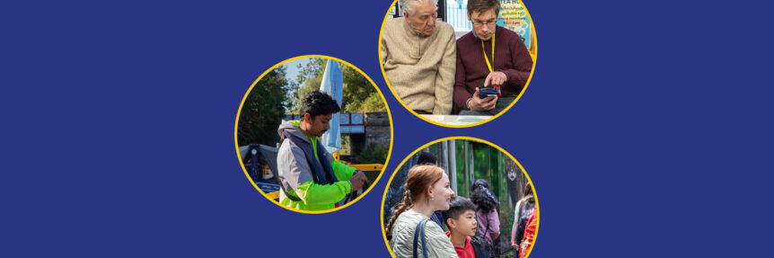 Three circles showing three images: an All Aboard volunteer on the boat, a Reconnect volunteer helping someone to use a phone and a Positive Transitions volunteer on an outing with a young person