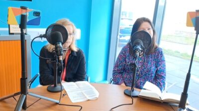Miriam and Morna recording a podcast at PKH headquarters